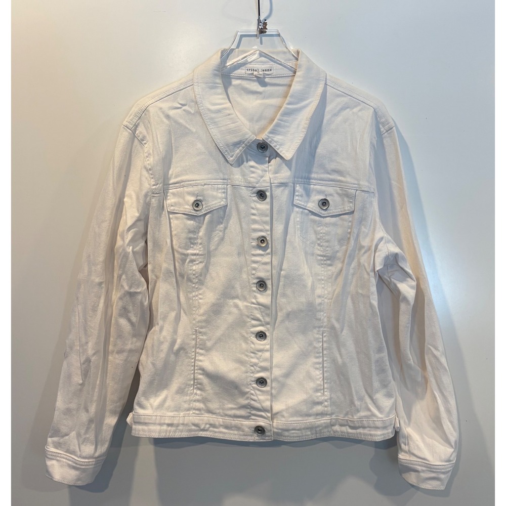 Tribal Jeans White Denim Jacket Leopard Print Womens Size XL